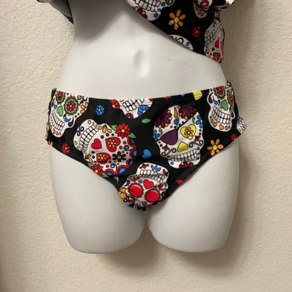 SUGAR SKULL Black Skulls & Flowers DAY OF DEAD Full Coverage TANKINI Swimsuit S - Picture 6 of 11